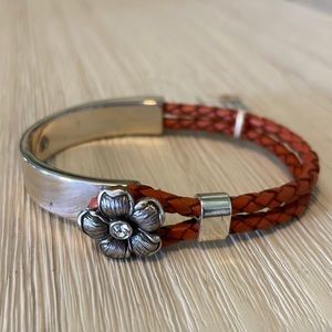 Brighton Demi Lune Retro Floral Toggle Bracelet Rhinestone Flower Brown Woven
